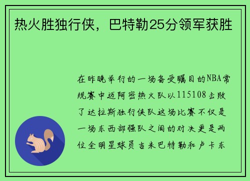 热火胜独行侠，巴特勒25分领军获胜