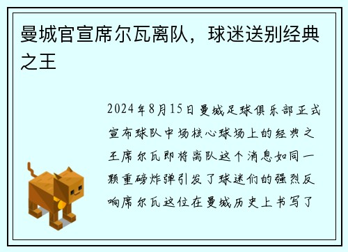 曼城官宣席尔瓦离队，球迷送别经典之王