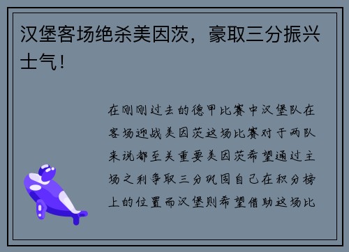 汉堡客场绝杀美因茨，豪取三分振兴士气！